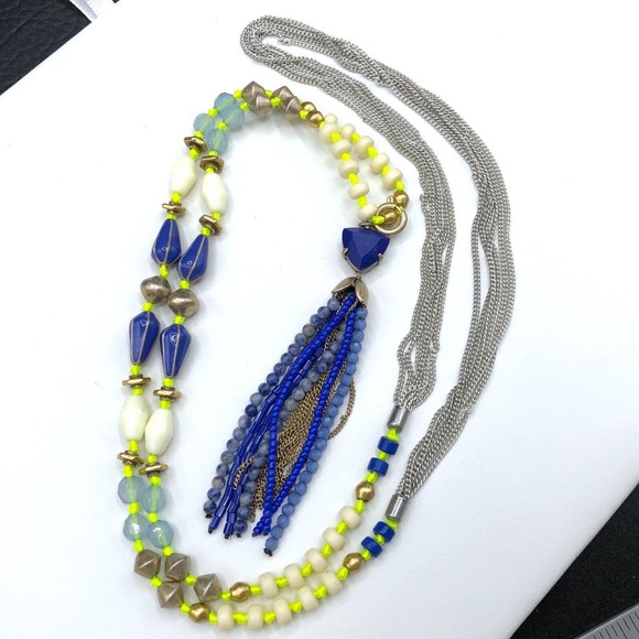Stella & Dot Jewelry - Stella & Dot Beaded Tassel Necklace Azure Removable Pendant Silver Tone Chains‎